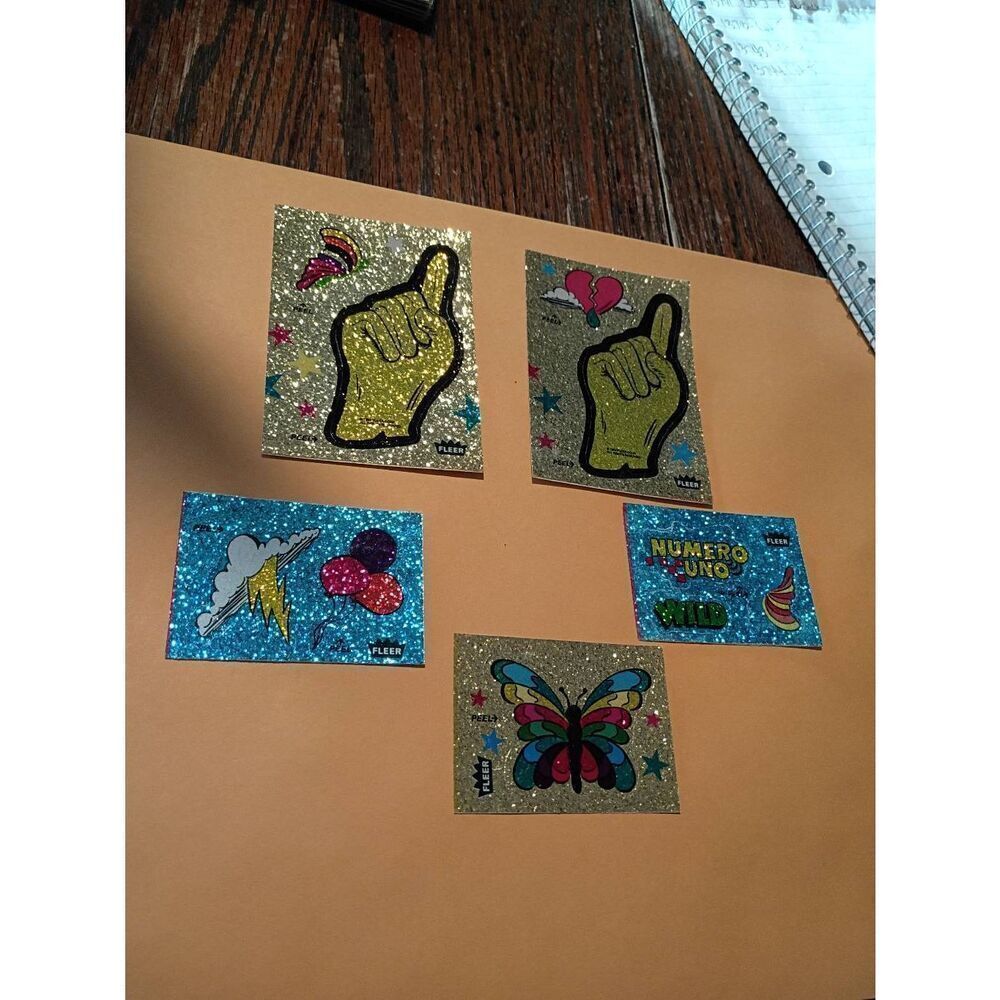Lot of 5 Fleer Glitter Sticker Sheets Vintage 1980s Card Size and Smaller